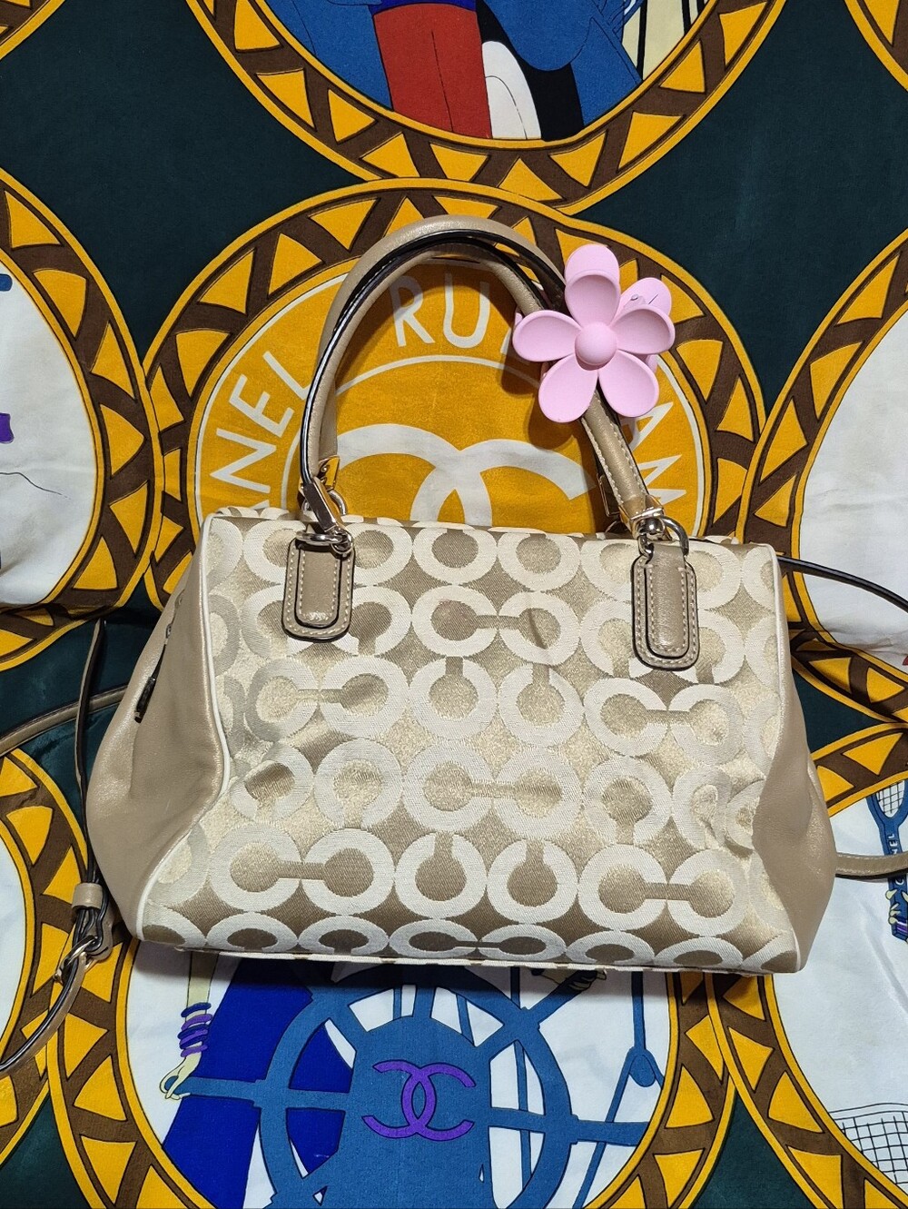 Coach Beige Signature Satchel with Tan Trim